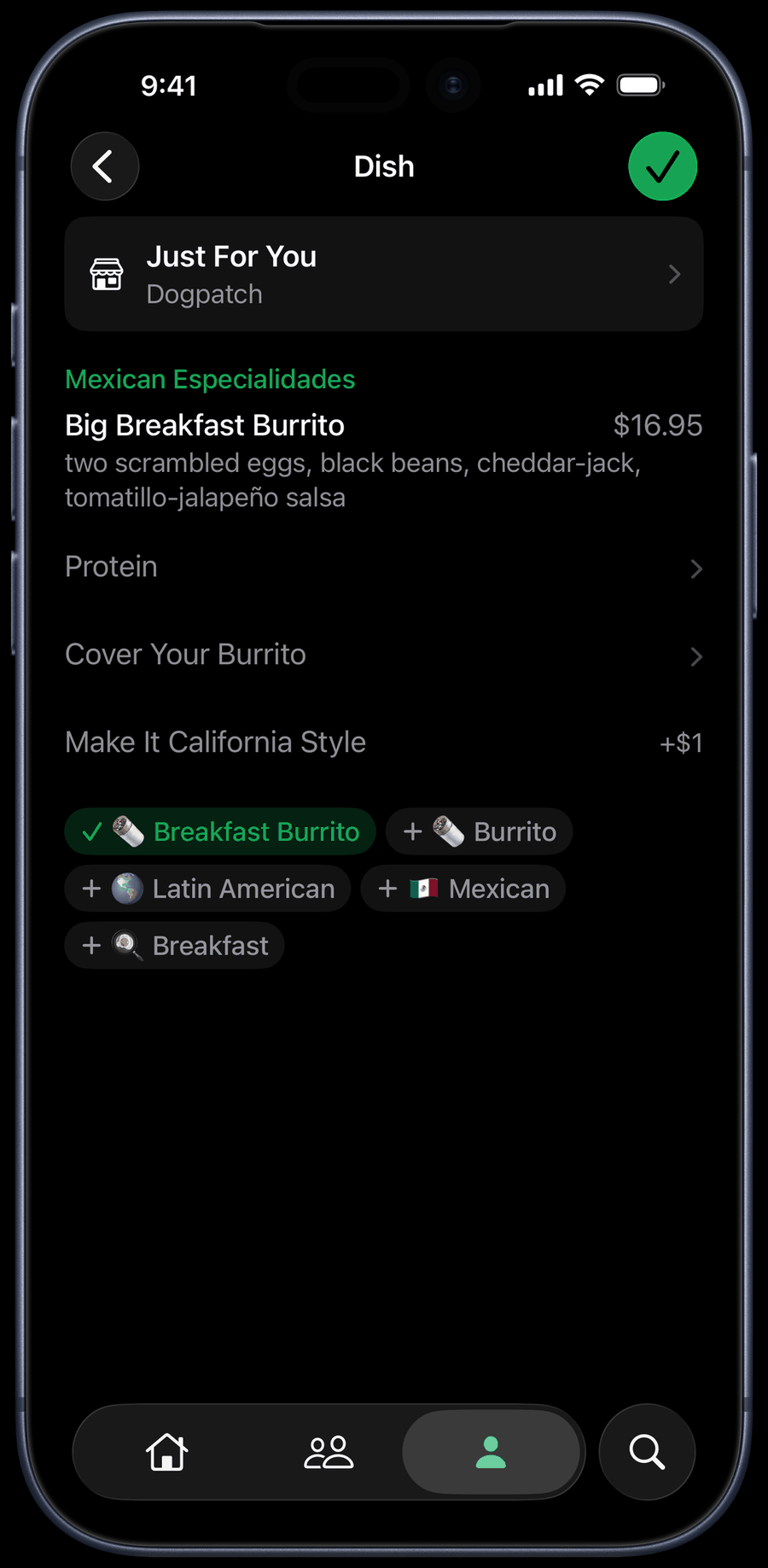 A dish page: Big Breakfast Burrito at Just For You, with the place, its menu, and the details