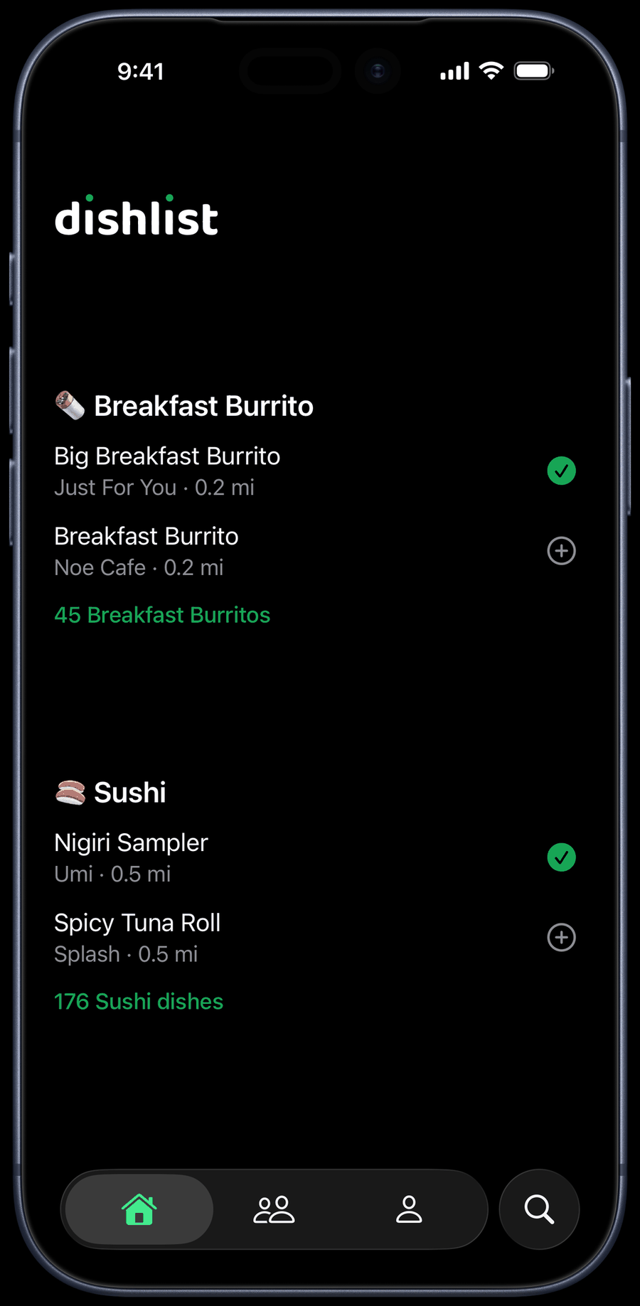 dishlist's Home screen: a Breakfast Burrito shelf and a Sushi shelf, each with two nearby places
