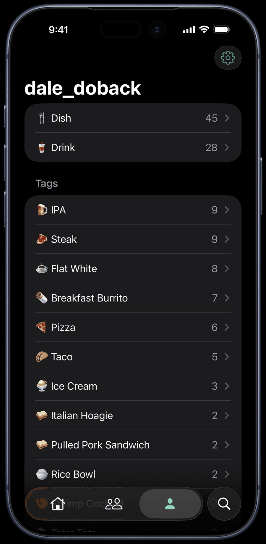 A dishlist profile: the handle, Dish and Drink counts, and the tag shelves