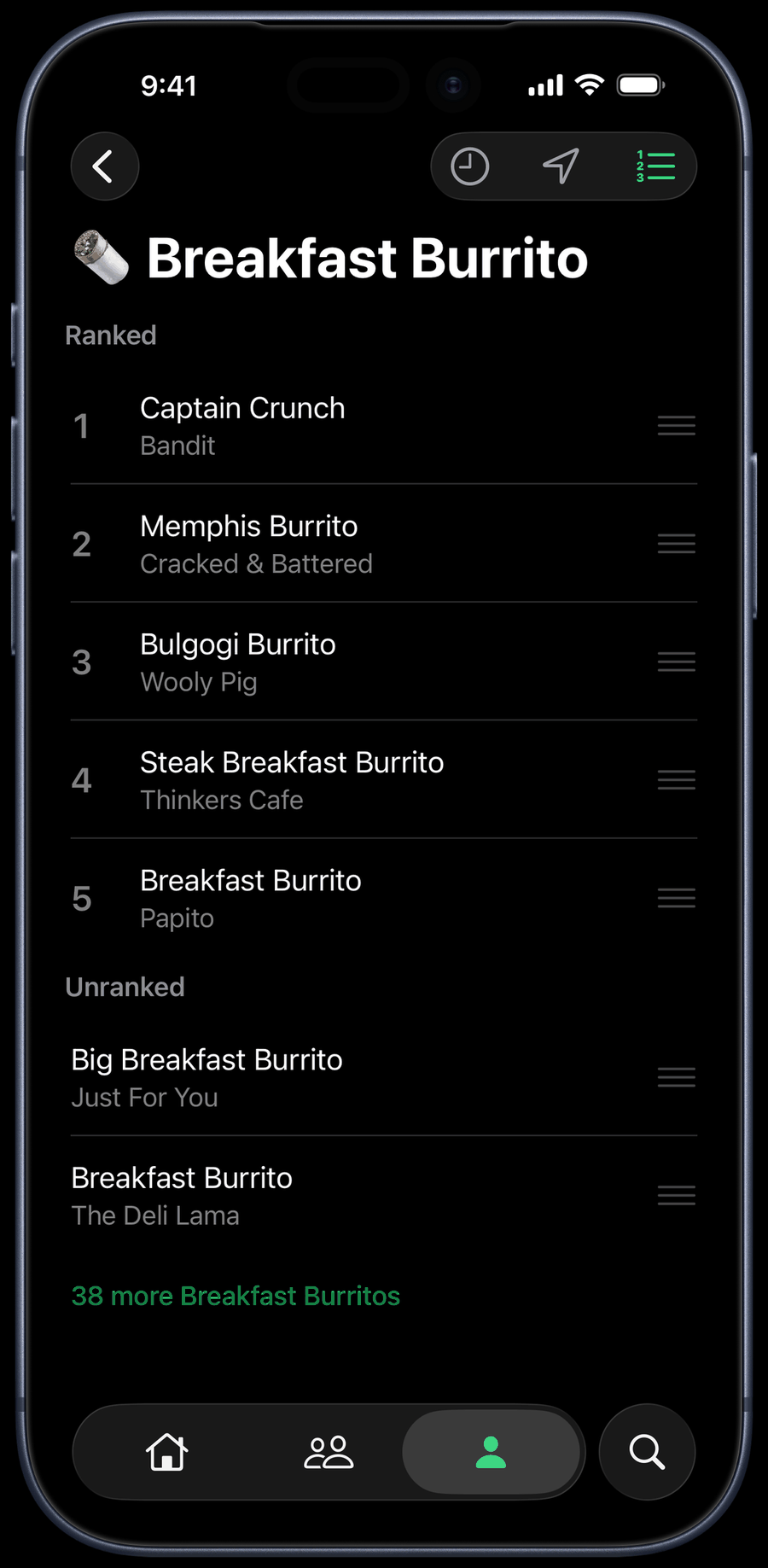 A ranked Breakfast Burrito shelf: five ranked, two more unranked
