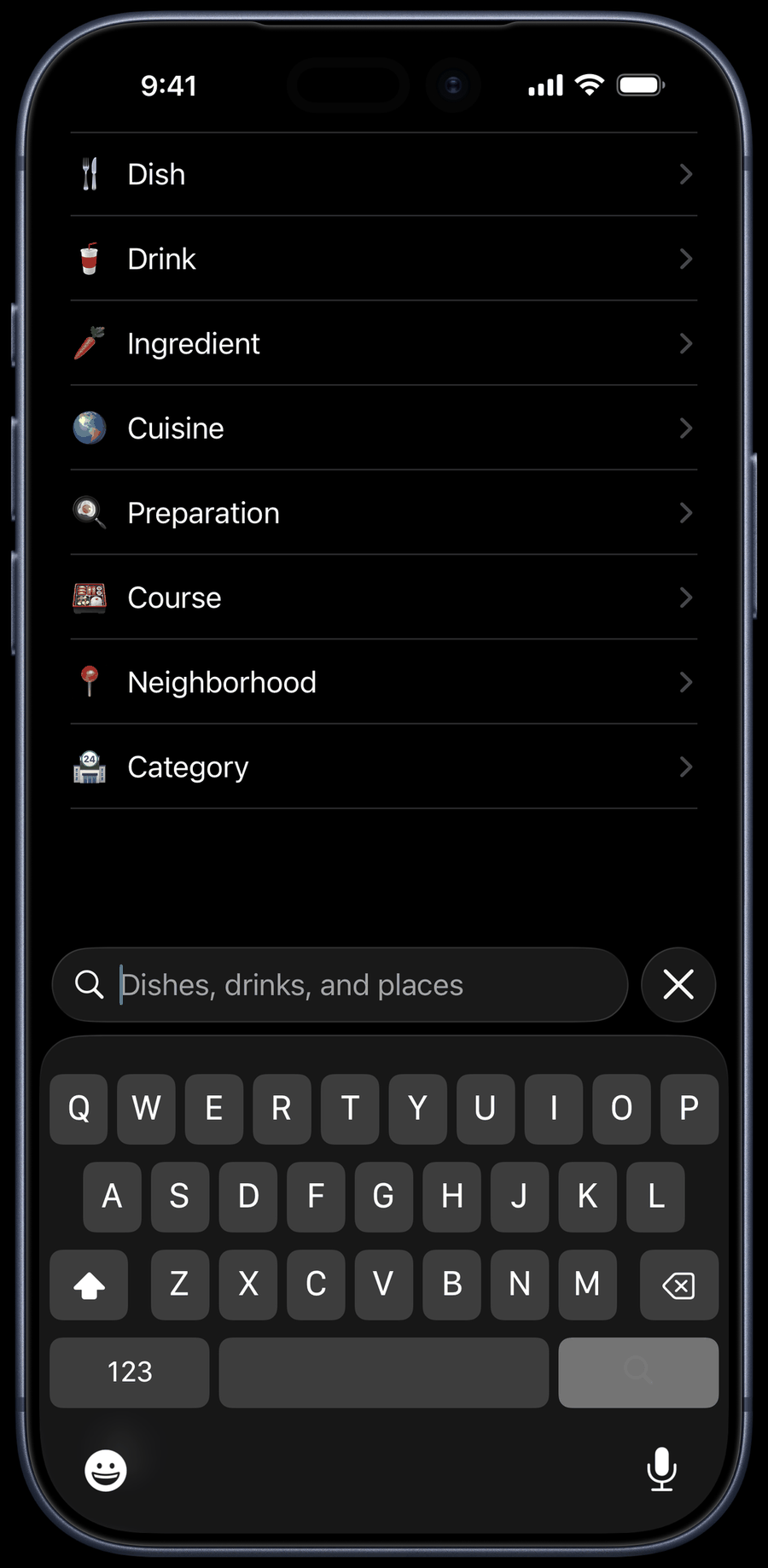dishlist's Search screen: the docked search field and the Ingredient tree